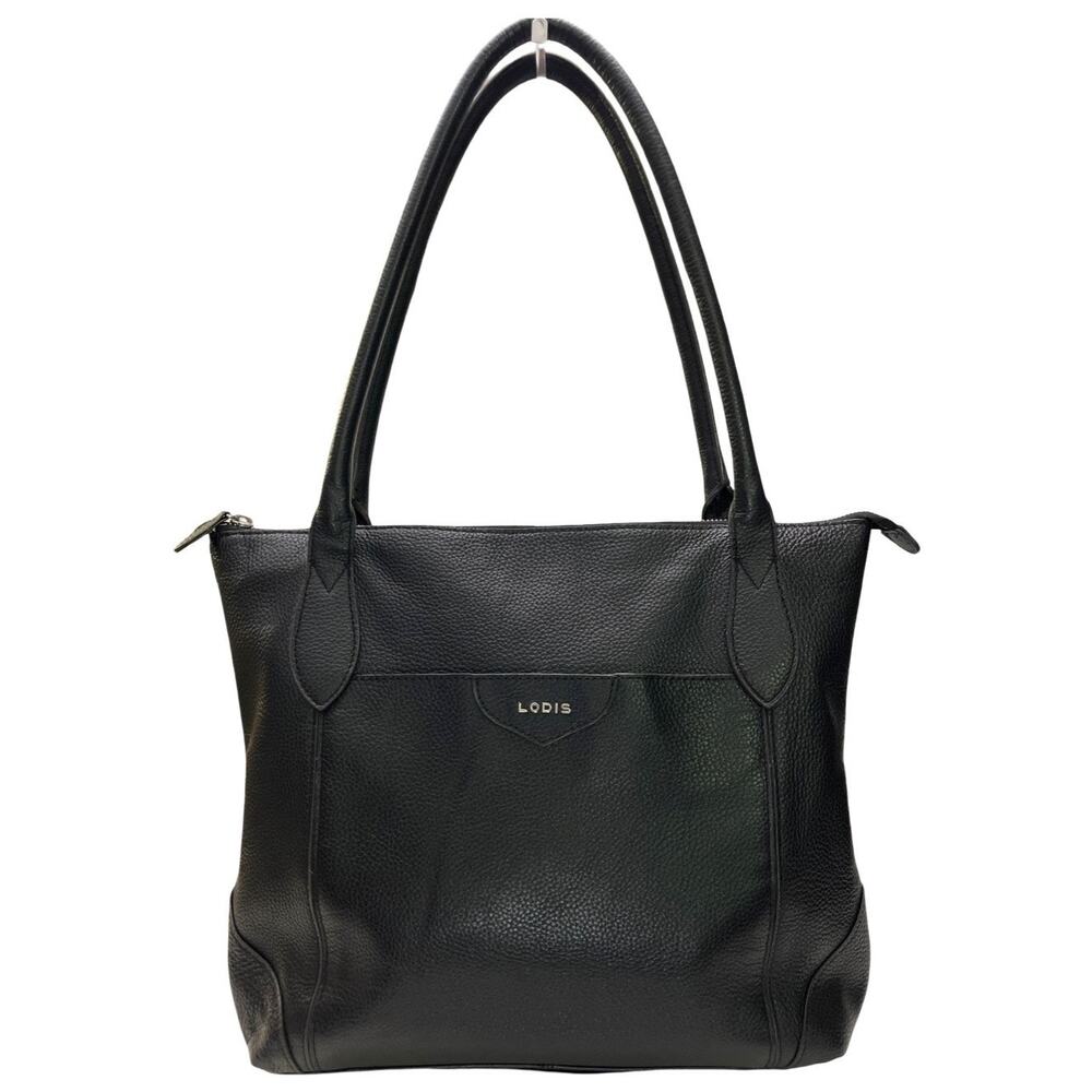 Lodis Black Pebbled Leather Tote  Bag Floral Lining Zippered Closure Shoulder